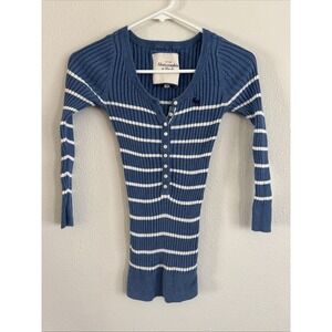 Vintage Abercrombie & Fitch Y2K Striped Henley Top Blue White Medium Ribbed